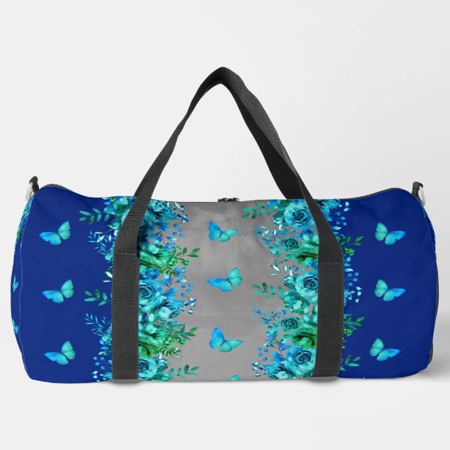Blauer Schmetterlings-Dufflebag mit Blumenmuster Duffle Bag (Vorderseite)