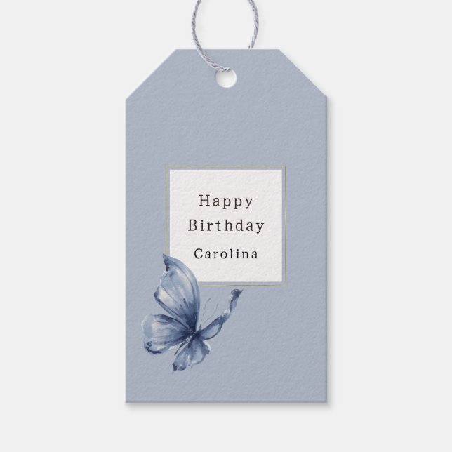 Blauer Schmetterlings-Geburtstag Geschenkanhänger (Vorderseite)