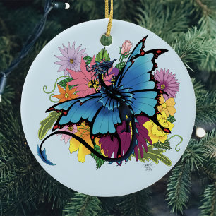 Blauer Schmetterlingsflügel-Drache Bunte Blumen Keramik Ornament