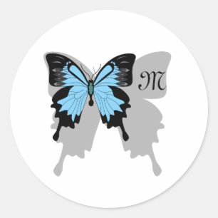 Blauer Schmetterlingsschatten Monogramm Runder Aufkleber