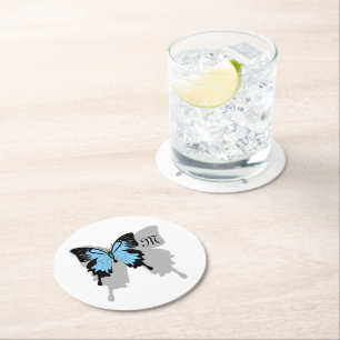 Blauer Schmetterlingsschatten Monogramm Runder Pappuntersetzer