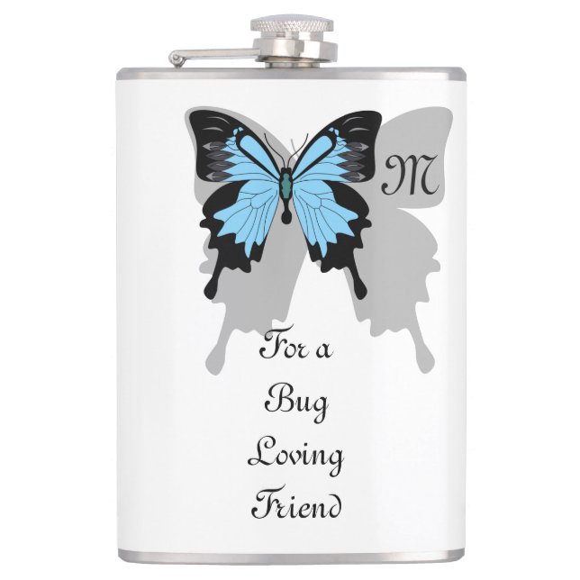 Blauer Schmetterlingsschattenmonogramm Flachmann (Vorderseite)