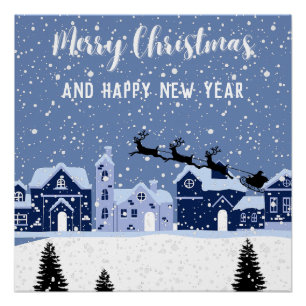Blauer Schnee mit Santa und Rentierferien Poster