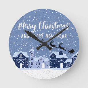 Blauer Schnee mit Santa und Rentierferien Runde Wanduhr