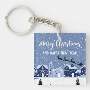 Blauer Schnee mit Santa und Rentierferien Schlüsselanhänger