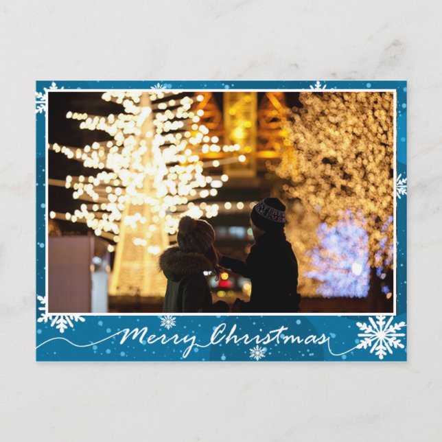Blauer Schneeflocken Foto Weihnachten Postkarte (Vorderseite)
