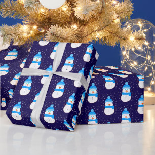 Blauer Schneemann im Schneegestöber Geschenkpapier