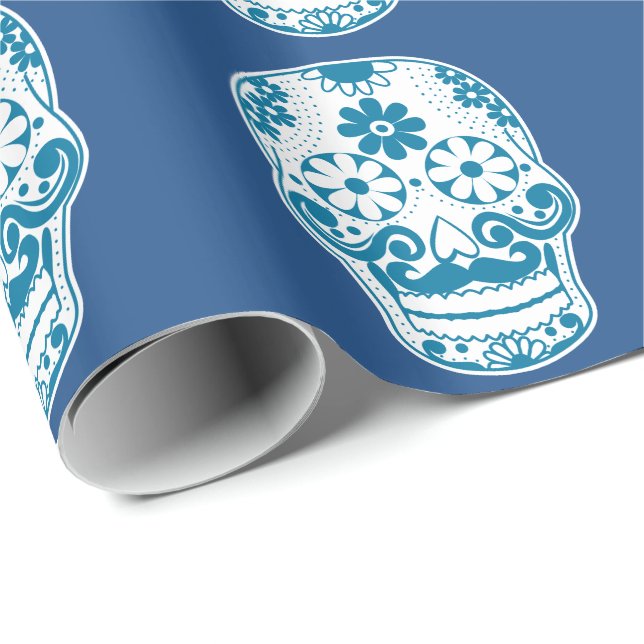 Blauer Schnurrbart-Zuckerschädel Geschenkpapier (Rolleneckpunkt)