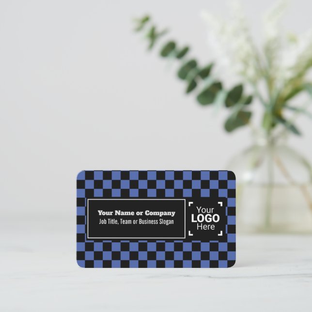 Blauer / schwarz karierter eigener Text, QR, Logo Visitenkarte (Stehend Vorderseite)