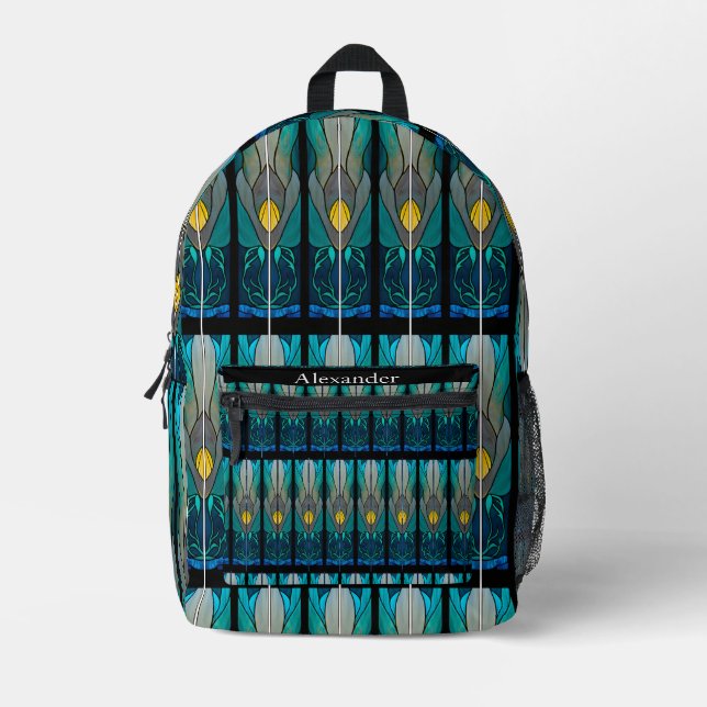 Blauer Schwarz-weißer Bleiglas-Look Bedruckter Rucksack (Vorderseite)
