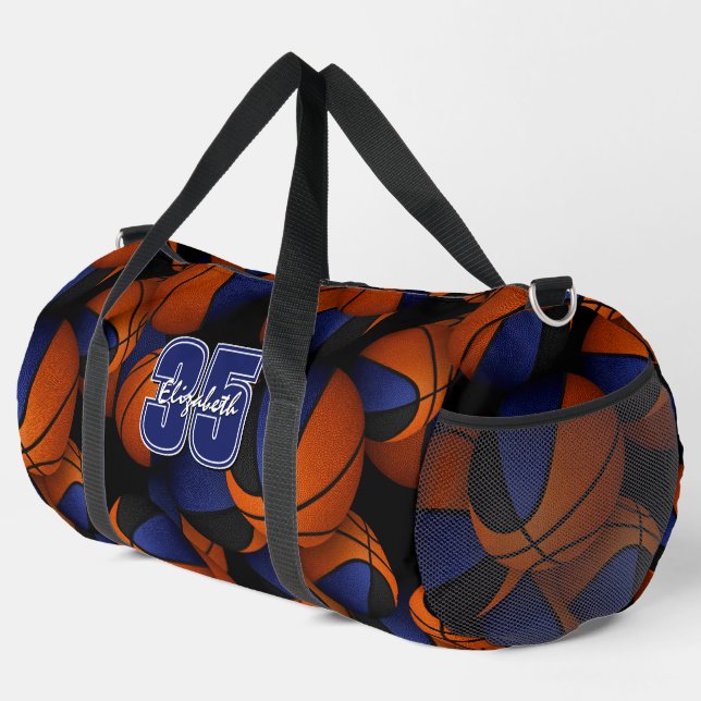 Blauer schwarzer Basketball-Teamname Duffle Bag (Rechte Ecke)