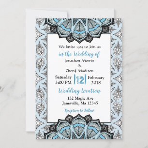 Blauer, schwarzer und weißer Mandala Hochzeitsempf Einladung