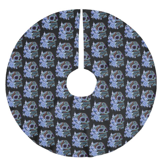 Blauer schwarzer Zucker-Schädeltag der Toten Polyester Weihnachtsbaumdecke (Vorderseite)