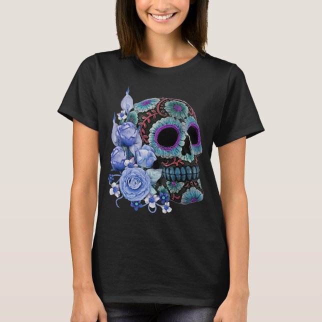 Blauer schwarzer Zucker-Schädeltag der Toten T-Shirt (Vorderseite)