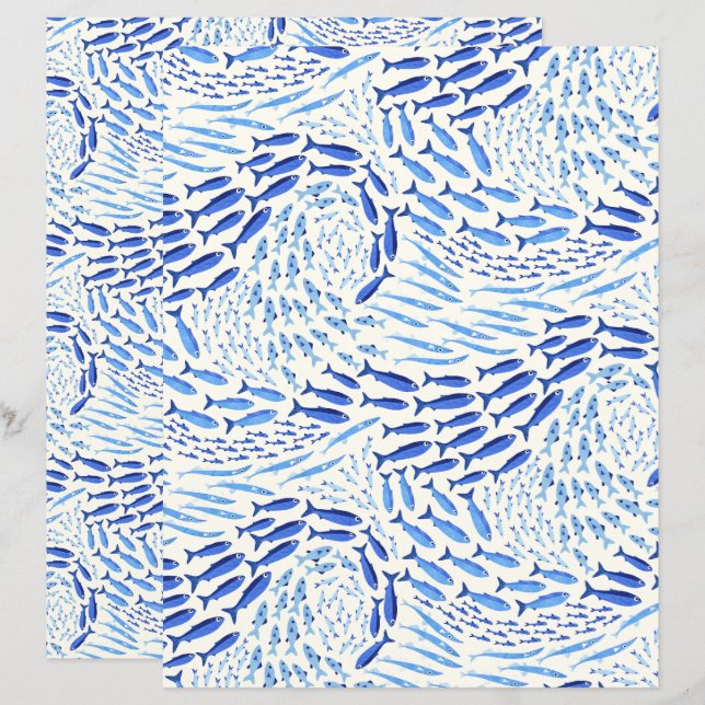 Blauer schwimmender Ozeanfisch - helles Scrapbook- (Vorne/Hinten)