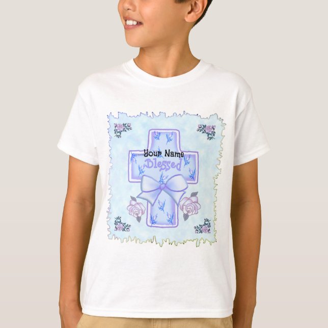 Blauer segne dieses Christliche Kreuz des Kindes T-Shirt (Vorderseite)