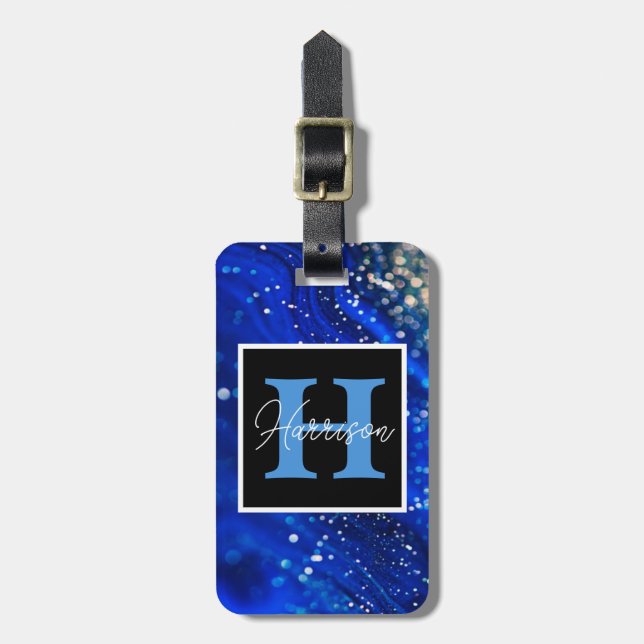 Blauer Shimmer Name und Monogramm Gepäckanhänger (Vorderseite vertikal)
