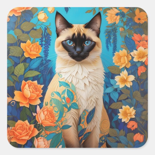 Blauer Siamese Katze Botanischer Garten Quadratischer Aufkleber (Vorderseite)