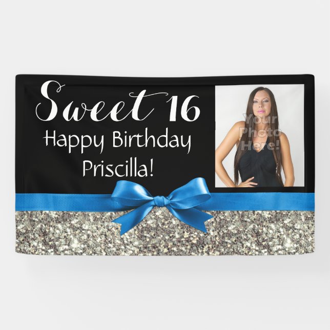 Blauer silberner Glitzer-Foto-Bonbon 16 Banner (Horizontal)