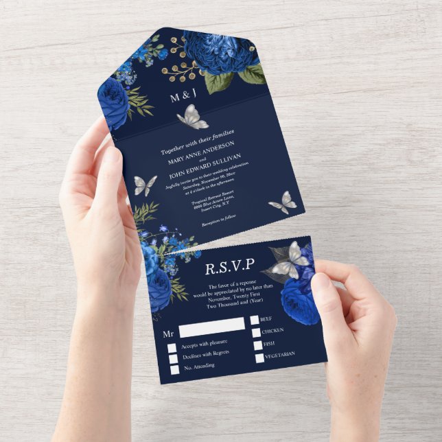 Blauer Silberschmetterling Rose   All In One Einladung (Abreißtisch)