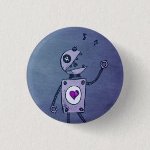 Blauer singender Retro-lustiger Roboter-Cartoon Button
