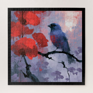 Blauer Singvogel mit kirschroten Blüten