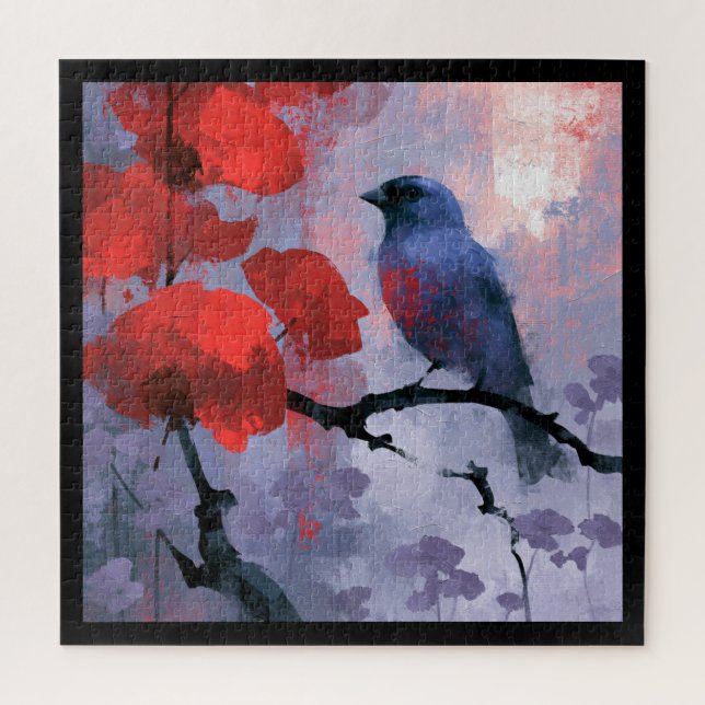 Blauer Singvogel mit kirschroten Blüten (Vertikal)