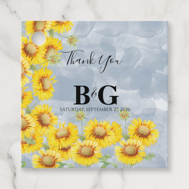 Blauer Sonnenblumen Monogramm Hochzeit Geschenkanhänger (Vorderseite)