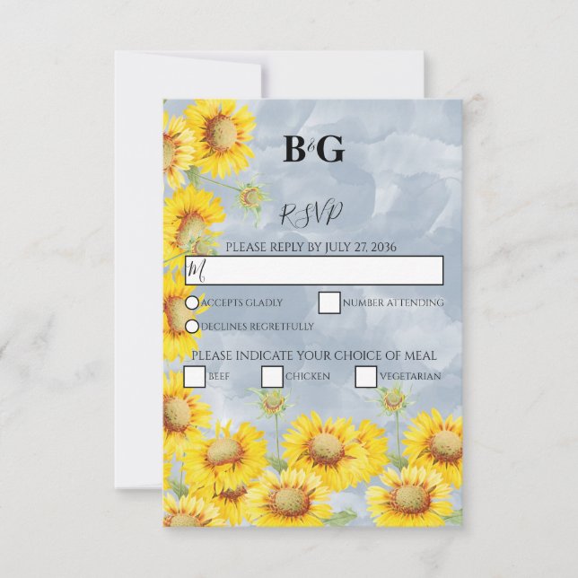 Blauer Sonnenblumen Monogramm Hochzeit RSVP Karte (Vorderseite)