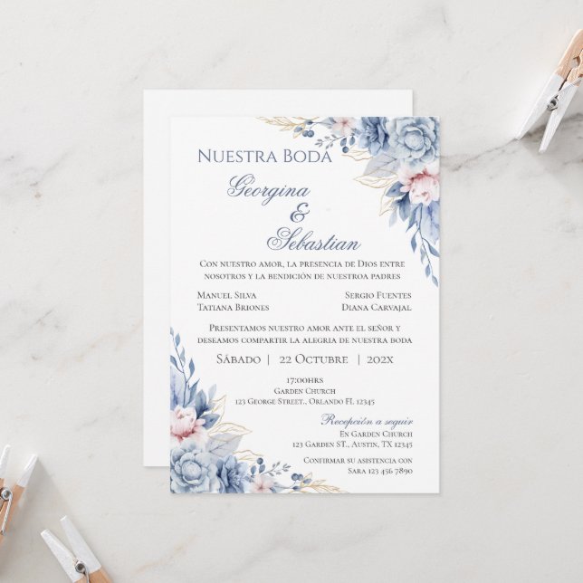 Blauer Spanischer Hochzeitsempfang Einladung (Vorderseite/Rückseite Beispiel)
