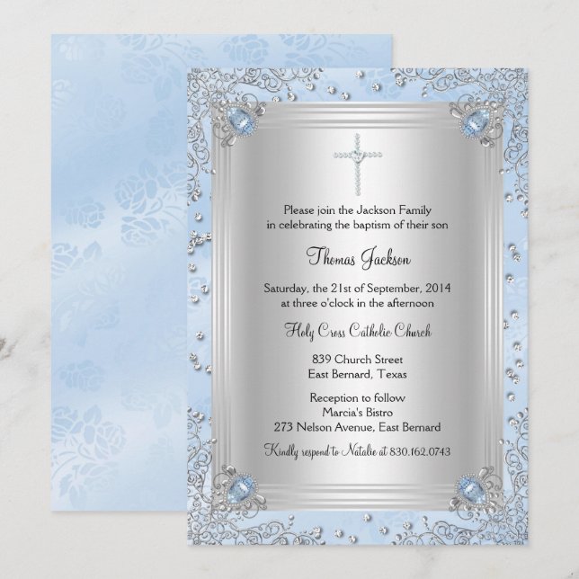 Blauer Sparkle Jewel Taufen/Christening Einladung (Vorne/Hinten)