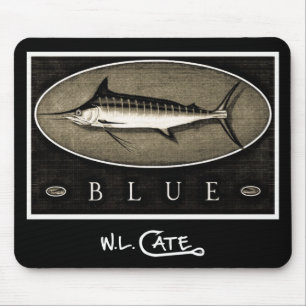 Blauer Speerfisch-Vintage schwarze u. weiße Mousepad