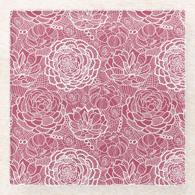 Blauer Spitze-Blumen-Musterhintergrund Glasuntersetzer (Vorderseite)