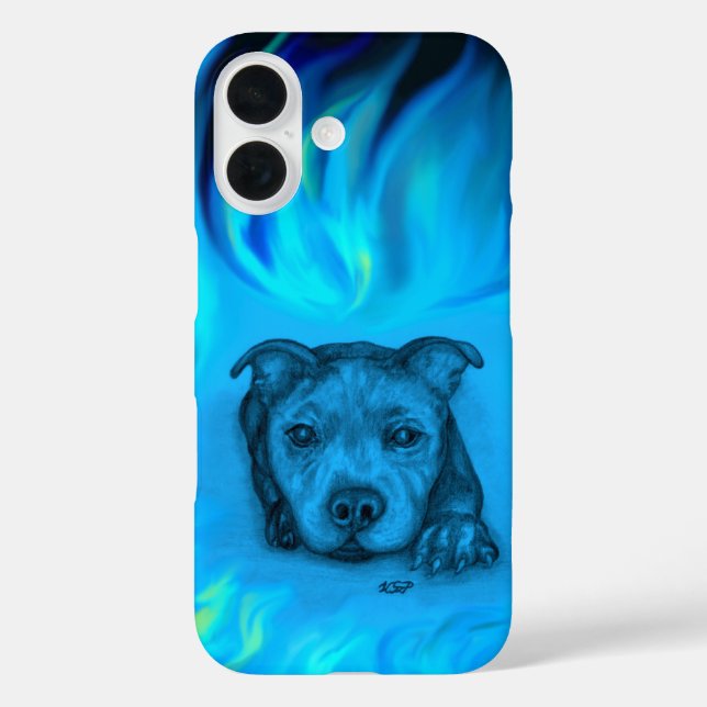 Blauer Staffy-Welpe iPhone 16 Hülle (Rückseite)