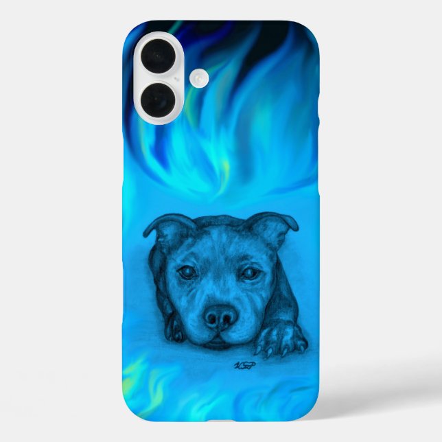 Blauer Staffy-Welpe iPhone 16 Plus Hülle (Rückseite)