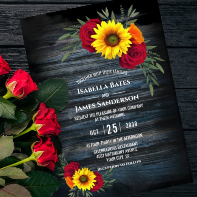 Blauer Stall Holz Sonnenblumen Burgundy Rose Hochz Einladung (Von Creator hochgeladen)