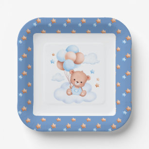 Blauer Stern Teddybär Wolkenballon Aqeeqah Baby Bo Pappteller