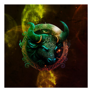 Blauer Stier Sternzeichen auf kosmischen Farben Ga Poster