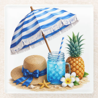 BLAUER STRANDSCHIRM HUT GETRÄNK FRUCHT BLUMEN GLASUNTERSETZER