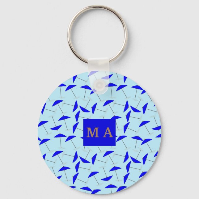 Blauer Strandschirm, Wiederholmuster Monogramm Schlüsselanhänger (Vorderseite)