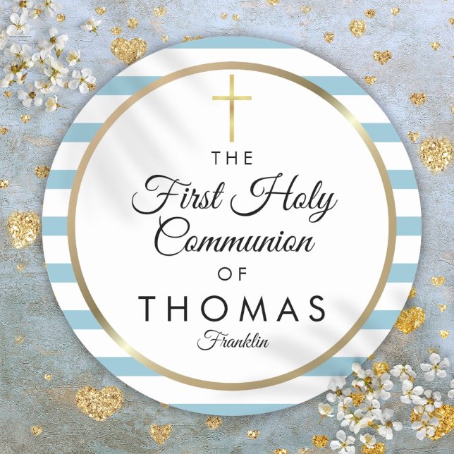 Blauer Streifen Gold Cross Erste Heilige Kommune Runder Aufkleber (Blue Stripe Gold Cross First Holy Communion Classic Round Sticker)