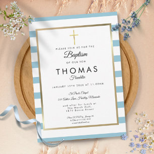 Blauer Streifen Gold Cross Taufen, Christening Einladung