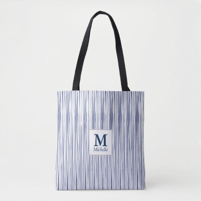 Blauer Streifen Muster Monogram Tote Bag Tasche (Vorderseite)
