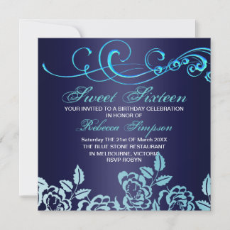 Blauer Swirl & Rose Sweet 16 Birthday Einladung