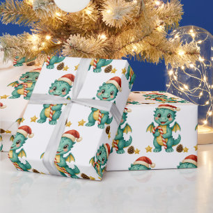 Blauer Tannenbaum-Drache Festive Weihnachten Geschenkpapier