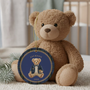 Blauer Tartan-Karo Weihnachts-Teddybär Keramik Ornament