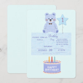 Blauer Teddybär 1. Geburtstagseinladung - Anpassba Einladung