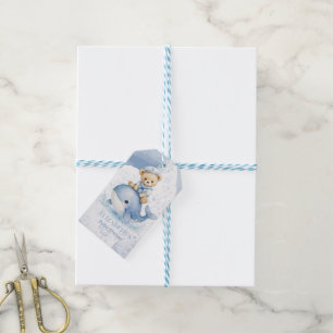 Blauer Teddybär auf Wal Baby Shower Dankeschön Geschenkanhänger