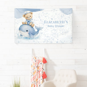 Blauer Teddybär auf Wal-Jungen-Baby-Party Banner