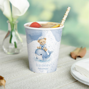 Blauer Teddybär auf Wal-Jungen-Baby-Party Pappbecher